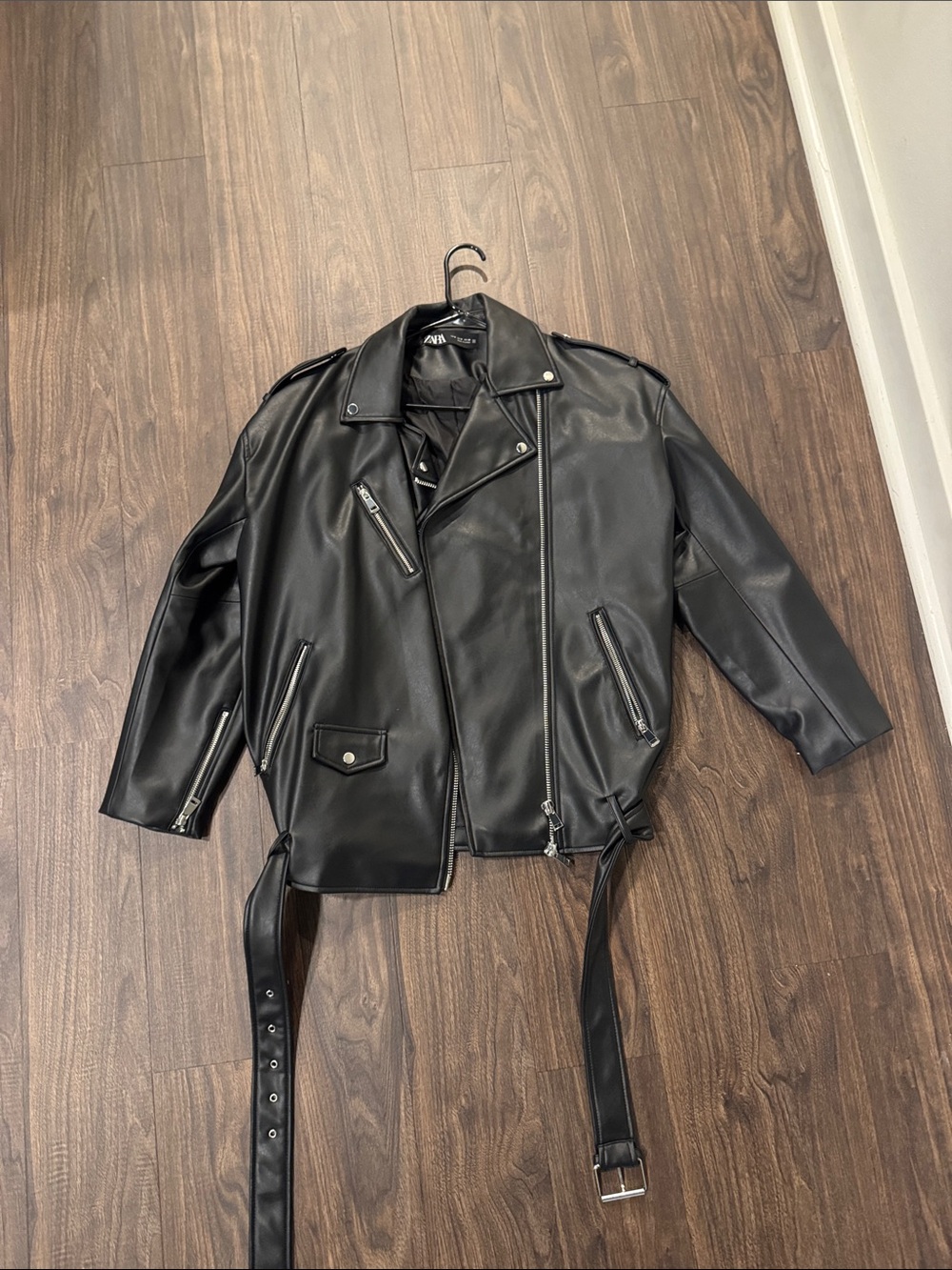 Zara Black Faux Leather Moto Jacket with Belt